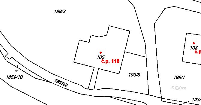 Hejtmánkovice 118 na parcele st. 105 v KÚ Hejtmánkovice, Katastrální mapa
