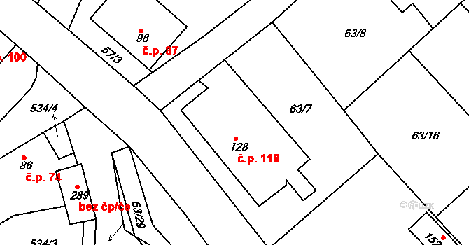Trnová 118 na parcele st. 128 v KÚ Trnová u Plzně, Katastrální mapa