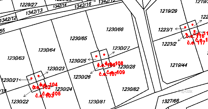 Vejprnice 108 na parcele st. 1230/27 v KÚ Vejprnice, Katastrální mapa
