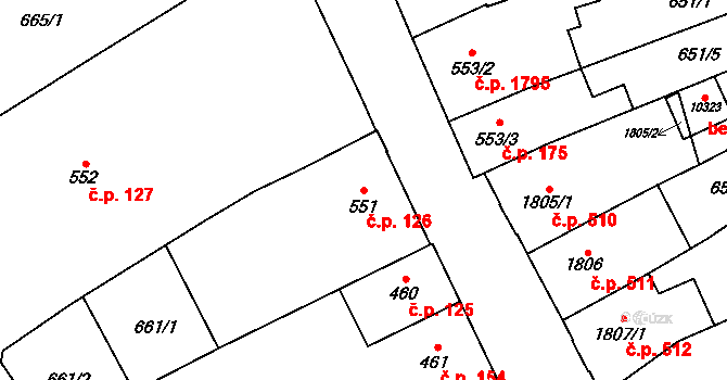 Bílé Předměstí 126, Pardubice na parcele st. 551 v KÚ Pardubice, Katastrální mapa