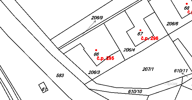 Heřmánky 295 na parcele st. 66 v KÚ Heřmánky nad Odrou, Katastrální mapa