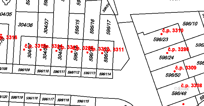 Znojmo 3311 na parcele st. 596/20 v KÚ Znojmo-Louka, Katastrální mapa