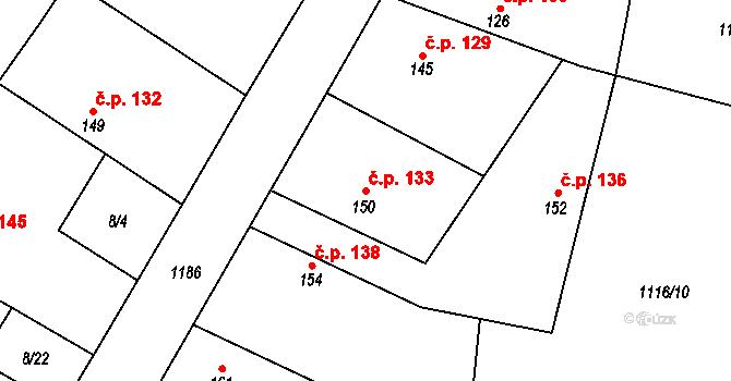 Jíkev 133 na parcele st. 150 v KÚ Jíkev, Katastrální mapa