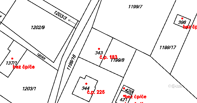 Guty 183, Třinec na parcele st. 343 v KÚ Guty, Katastrální mapa