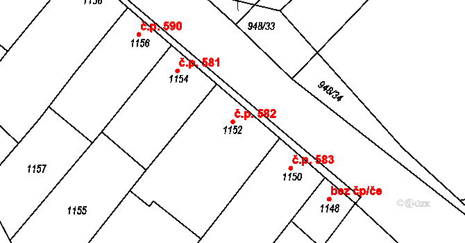 Rousínovec 582, Rousínov na parcele st. 1152 v KÚ Rousínov u Vyškova, Katastrální mapa