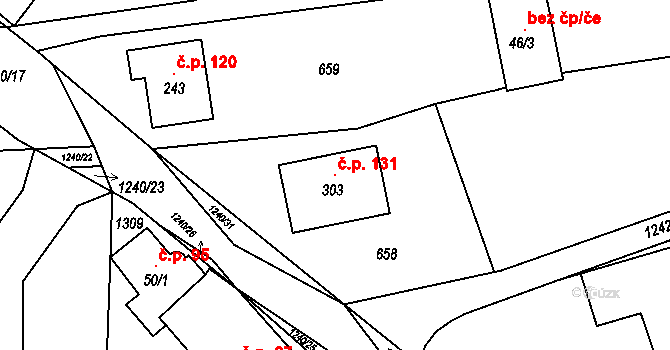 Teplýšovice 131 na parcele st. 303 v KÚ Teplýšovice, Katastrální mapa