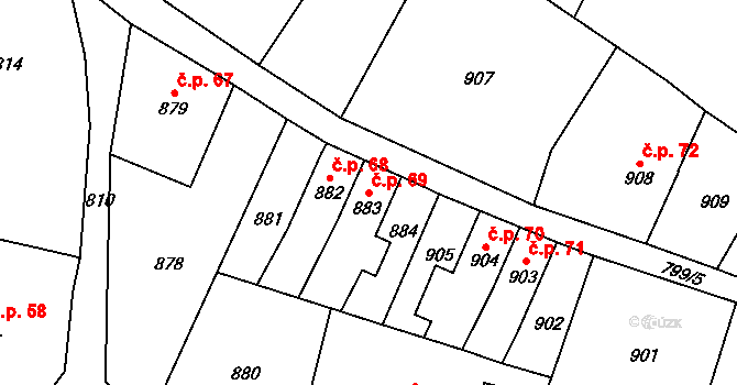 Raspenava 69 na parcele st. 883 v KÚ Raspenava, Katastrální mapa