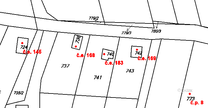 Žižlavice 183, Blansko na parcele st. 740 v KÚ Těchov, Katastrální mapa