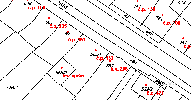 Křelov 133, Křelov-Břuchotín na parcele st. 555/1 v KÚ Křelov, Katastrální mapa