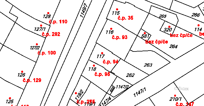 Senice na Hané 94 na parcele st. 117 v KÚ Senice na Hané, Katastrální mapa