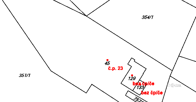Lhota 23, Chuchelna na parcele st. 45 v KÚ Lhota Komárov, Katastrální mapa