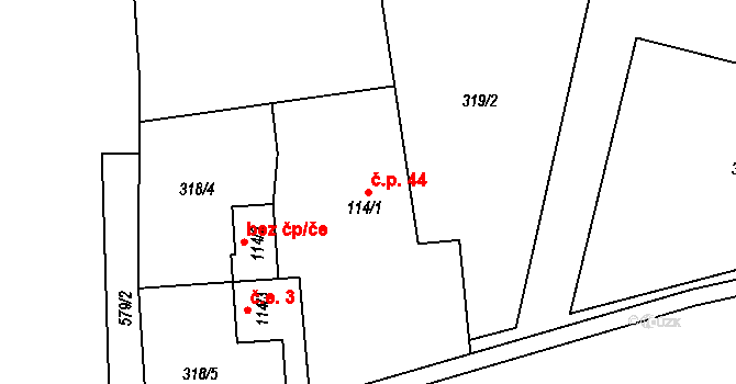Malá Lhota 44, Velká Lhota na parcele st. 114/1 v KÚ Malá Lhota u Valašského Meziříčí, Katastrální mapa