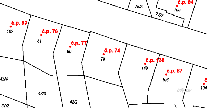 Přední Ptákovice 74, Strakonice na parcele st. 79 v KÚ Přední Ptákovice, Katastrální mapa
