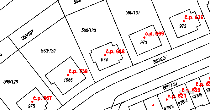 Podklášteří 648, Třebíč na parcele st. 974 v KÚ Podklášteří, Katastrální mapa
