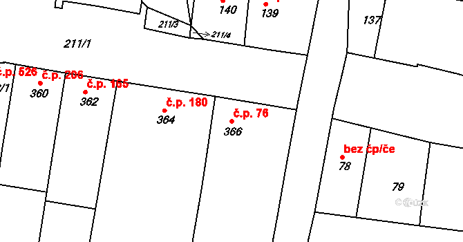 Obřany 76, Brno na parcele st. 366 v KÚ Obřany, Katastrální mapa