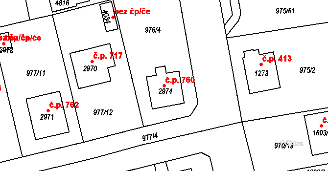 Plzeňské Předměstí 760, Rokycany na parcele st. 2974 v KÚ Rokycany, Katastrální mapa