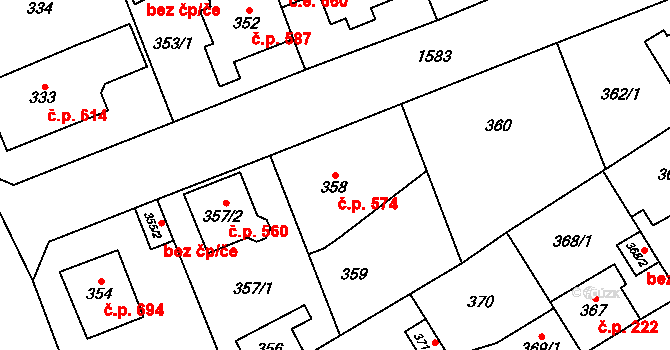 Řeporyje 574, Praha na parcele st. 358 v KÚ Řeporyje, Katastrální mapa