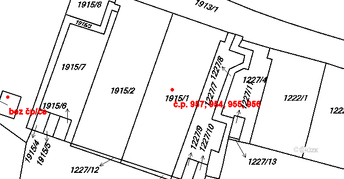 Podolí 954,955,956,957, Praha na parcele st. 1915/2 v KÚ Podolí, Katastrální mapa