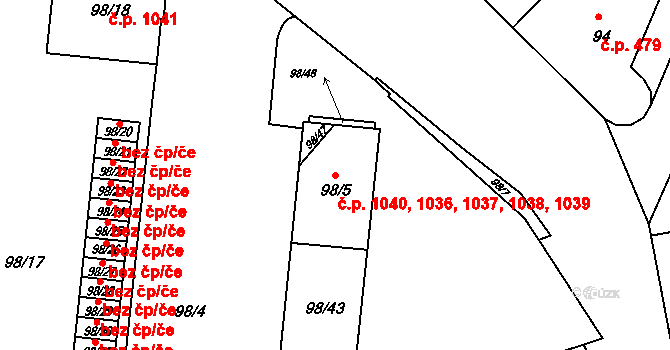 Braník 1036,1037,1038,1039,, Praha na parcele st. 98/5 v KÚ Braník, Katastrální mapa