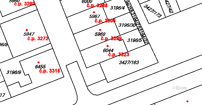 Hodonín 3323 na parcele st. 6044 v KÚ Hodonín, Katastrální mapa