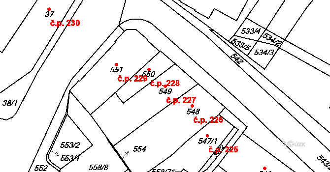 Chomutov 227 na parcele st. 549 v KÚ Chomutov I, Katastrální mapa