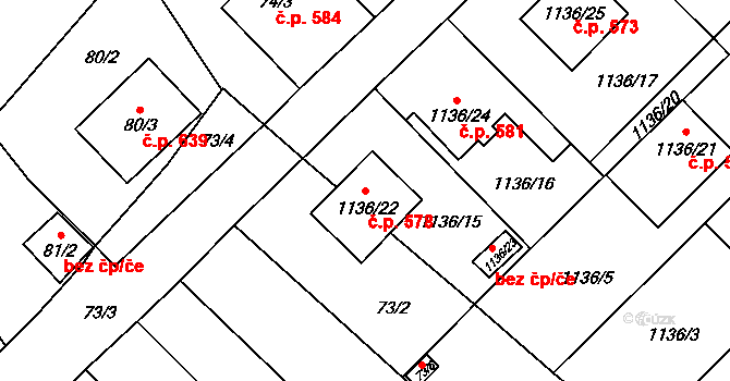 Zbýšov 578 na parcele st. 1136/22 v KÚ Zbýšov u Oslavan, Katastrální mapa