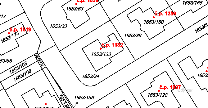 Uhříněves 1132, Praha na parcele st. 1653/133 v KÚ Uhříněves, Katastrální mapa