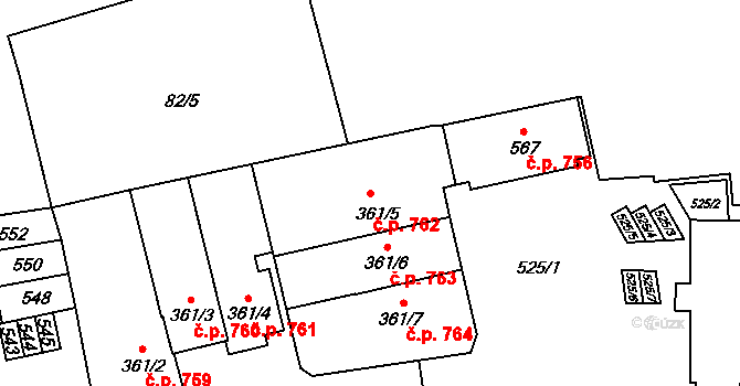 Horoměřice 762 na parcele st. 361/5 v KÚ Horoměřice, Katastrální mapa