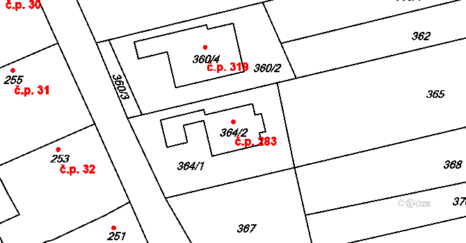 Obůrka 283, Blansko na parcele st. 364/2 v KÚ Těchov, Katastrální mapa