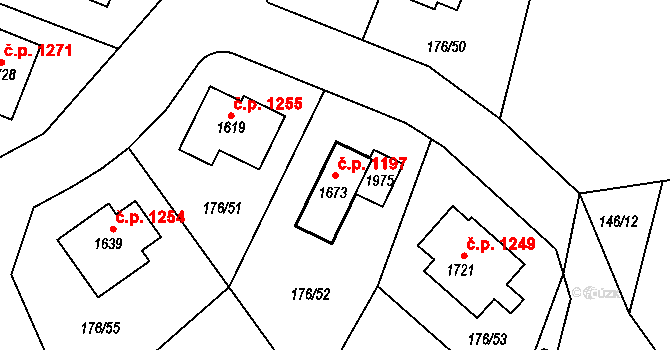 Šestajovice 1197 na parcele st. 1673 v KÚ Šestajovice u Prahy, Katastrální mapa