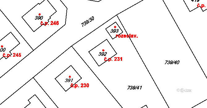 Kameničky 231 na parcele st. 392 v KÚ Kameničky, Katastrální mapa