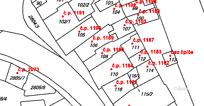 Velké Meziříčí 1186 na parcele st. 108 v KÚ Velké Meziříčí, Katastrální mapa