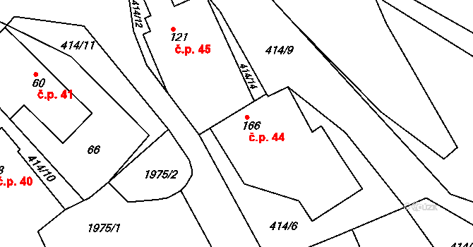 Kladná Žilín 44, Luhačovice na parcele st. 166 v KÚ Kladná Žilín, Katastrální mapa