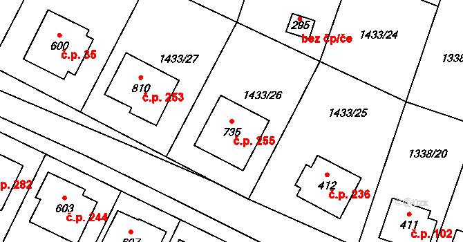 Příluky 255, Zlín na parcele st. 735 v KÚ Příluky u Zlína, Katastrální mapa