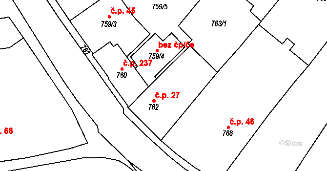 Želechovice nad Dřevnicí 27 na parcele st. 762 v KÚ Želechovice nad Dřevnicí, Katastrální mapa