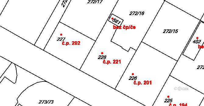 Zaječice 221 na parcele st. 228 v KÚ Zaječice u Chrudimi, Katastrální mapa