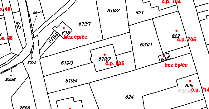 Šluknov 605 na parcele st. 619/7 v KÚ Šluknov, Katastrální mapa