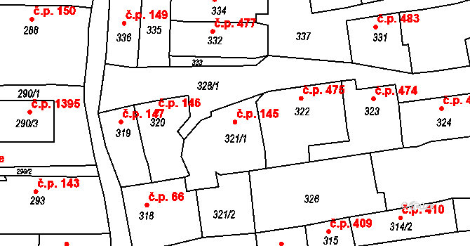 Třešť 145 na parcele st. 321/1 v KÚ Třešť, Katastrální mapa