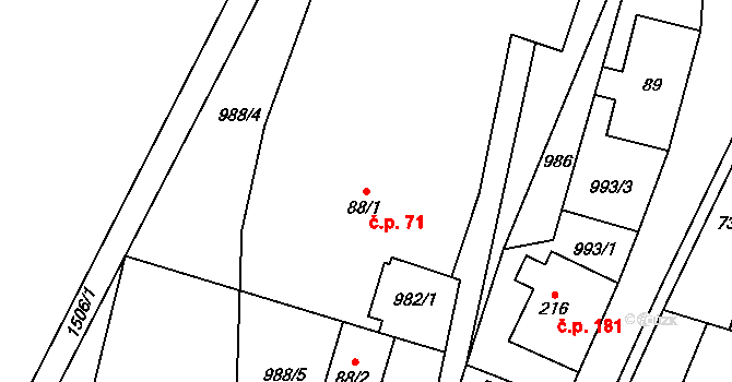 Hanušovice 71 na parcele st. 88/1 v KÚ Hanušovice, Katastrální mapa