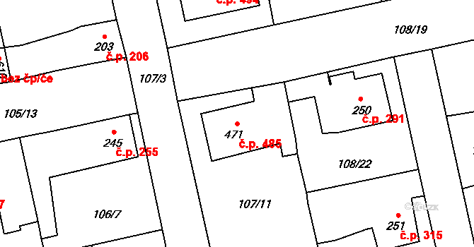 Rudná 485 na parcele st. 471 v KÚ Dušníky u Rudné, Katastrální mapa