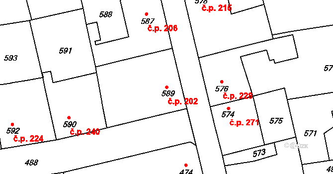 Líně 202 na parcele st. 589 v KÚ Líně, Katastrální mapa