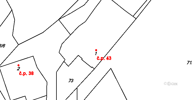 Mlýny 43 na parcele st. 1 v KÚ Mlýny u Choustníku, Katastrální mapa