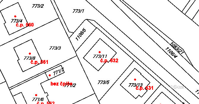 Lázně Bohdaneč 632 na parcele st. 773/11 v KÚ Lázně Bohdaneč, Katastrální mapa
