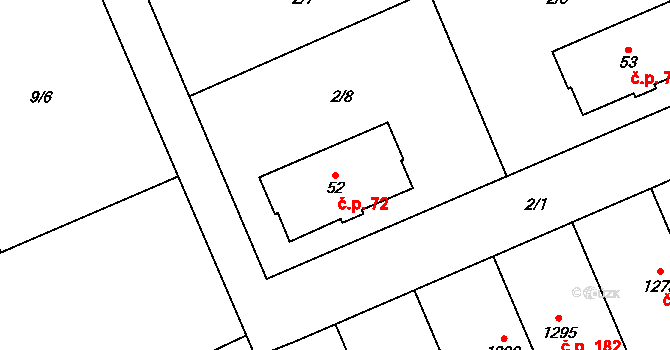 Doubravice 72, Pardubice na parcele st. 52 v KÚ Semtín, Katastrální mapa