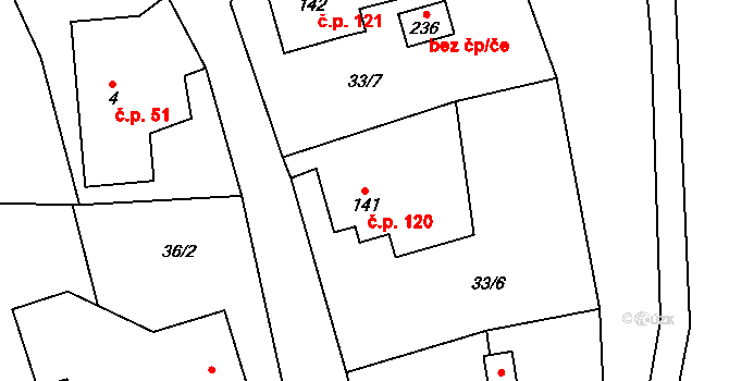 Vlčovice 120, Kopřivnice na parcele st. 141 v KÚ Vlčovice, Katastrální mapa