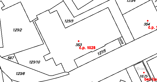 Nový Jičín 1028 na parcele st. 353 v KÚ Nový Jičín-Dolní Předměstí, Katastrální mapa