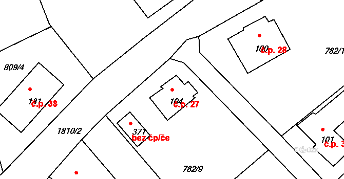 Hrudkov 27, Vyšší Brod na parcele st. 104 v KÚ Hrudkov, Katastrální mapa