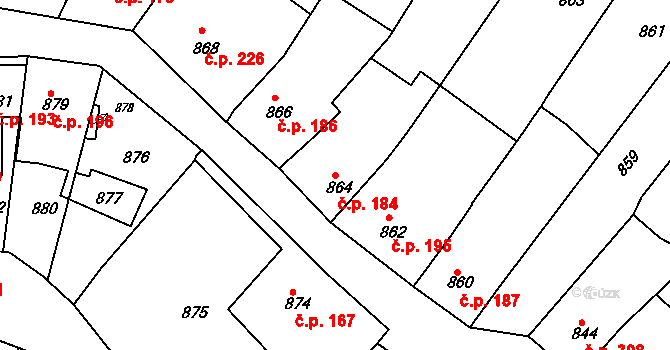 Prusinovice 184 na parcele st. 864 v KÚ Prusinovice, Katastrální mapa