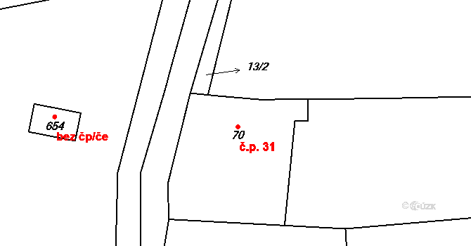 Podolí 31, Rožďalovice na parcele st. 70 v KÚ Podolí u Rožďalovic, Katastrální mapa