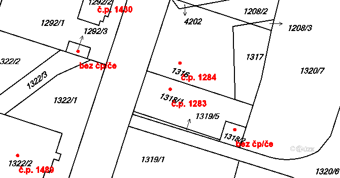 Čelákovice 1283 na parcele st. 1318/1 v KÚ Čelákovice, Katastrální mapa